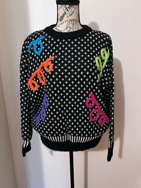 VTG Adrian Spencer 80s 90s Neon Squiggle Knit Sweater Medium Black White